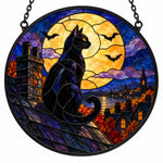 Full Moon Rooftop Black Cat Halloween stained glass suncatcher window hanging, suitable for home and garden decoration