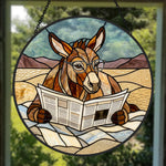 Funny donkey reading newspaper stained glass suncatcher window hanging, suitable for home and garden decoration