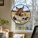 Funny donkey reading newspaper stained glass suncatcher window hanging, suitable for home and garden decoration