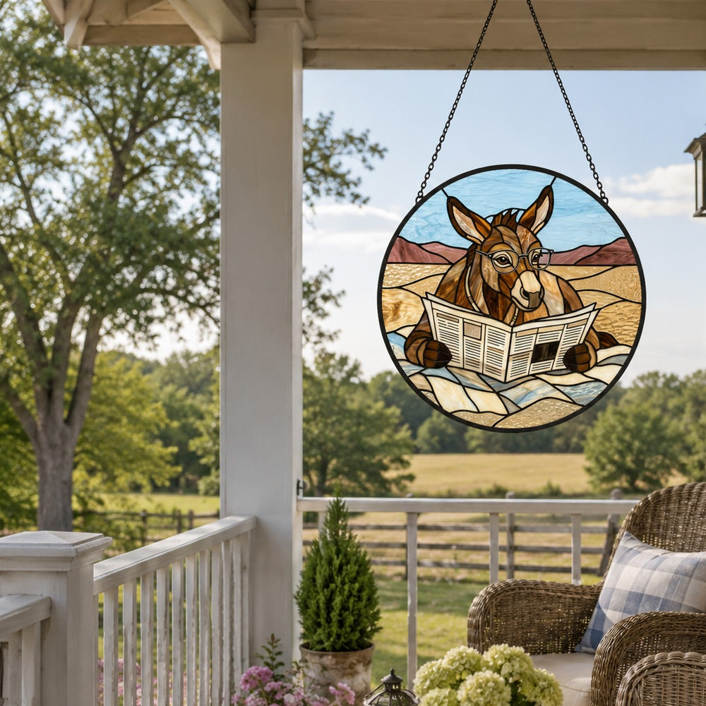Funny donkey reading newspaper stained glass suncatcher window hanging, suitable for home and garden decoration