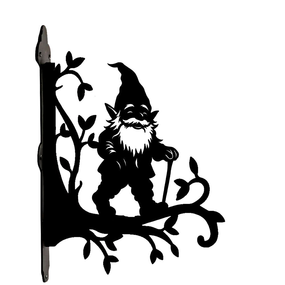Garden gnome metal hanging basket bracket mounted on outdoor wall for plant decoration