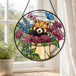 Garden watering can red panda stained glass suncatcher window hanging, suitable for home and garden decoration