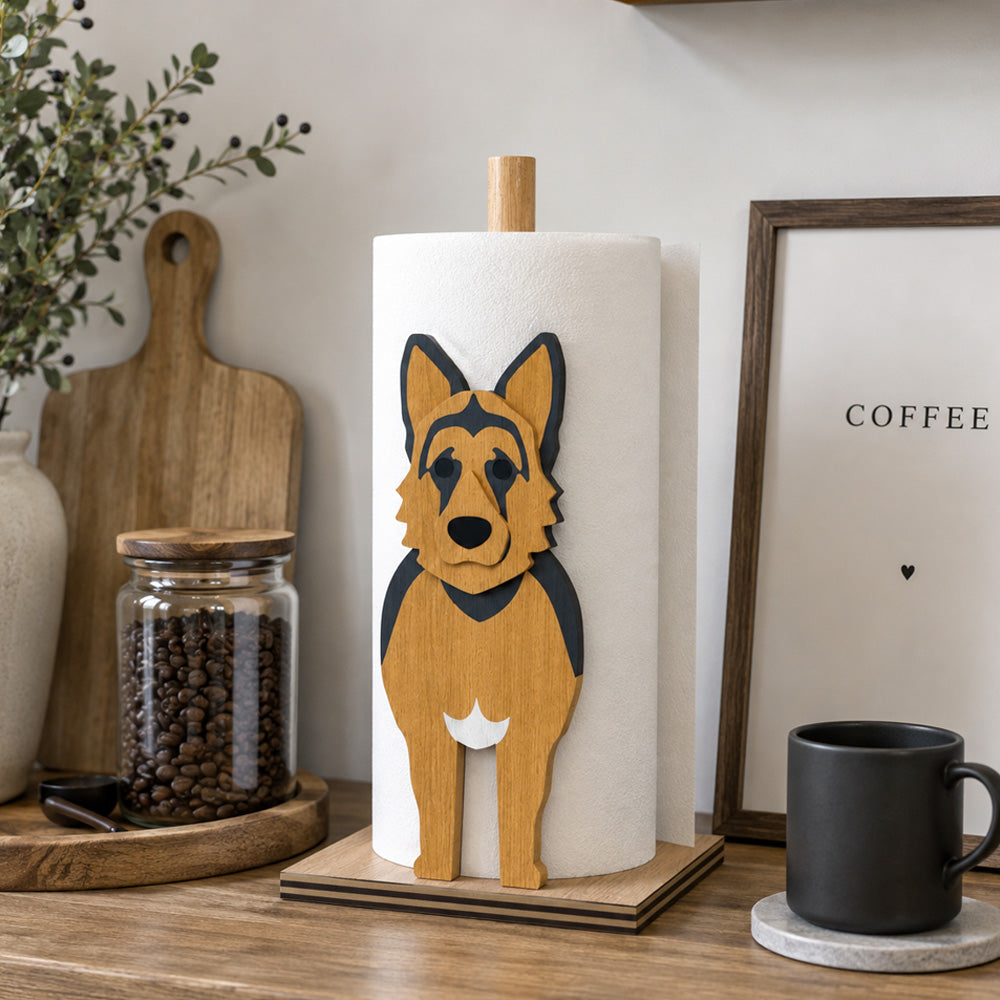 German Shepherd Dog Wooden Dog Paper Towel Holder displayed on a kitchen countertop with a freestanding paper towel roll