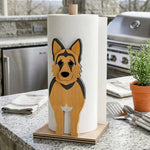 German Shepherd Dog Wooden Dog Paper Towel Holder displayed on a kitchen countertop with a freestanding paper towel roll