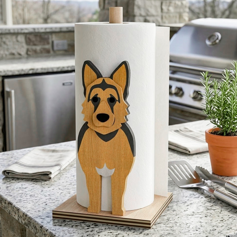 German Shepherd Dog Wooden Dog Paper Towel Holder displayed on a kitchen countertop with a freestanding paper towel roll