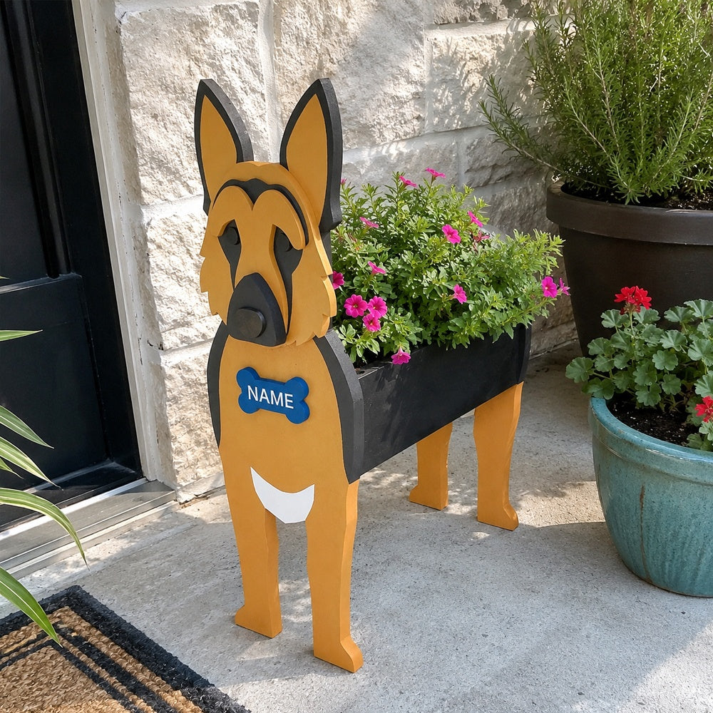 German Shepherd dog planter filled with fresh flowers is placed in the garden
