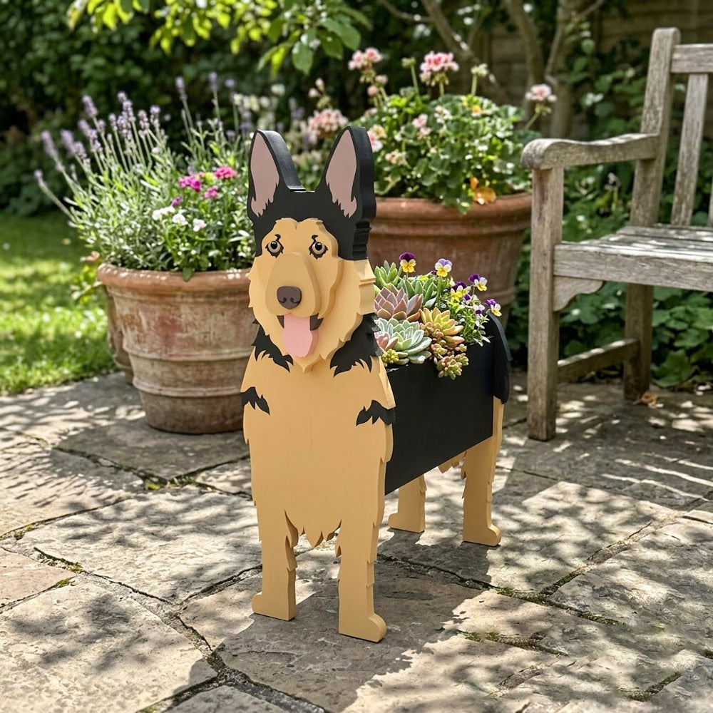 German Shepherd dog planter filled with fresh flowers is placed in the garden