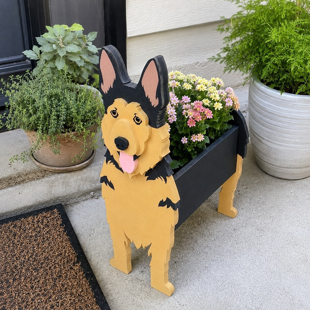 German Shepherd dog planter filled with fresh flowers is placed in the garden