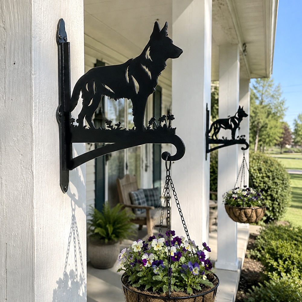 German shepherd metal hanging basket bracket mounted on outdoor wall for plant decoration