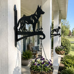 German shepherd metal hanging basket bracket mounted on outdoor wall for plant decoration