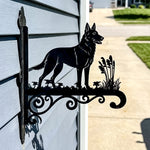 German shepherd metal hanging basket bracket mounted on outdoor wall for plant decoration