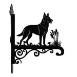 German shepherd metal hanging basket bracket mounted on outdoor wall for plant decoration