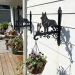 German shepherd metal hanging basket bracket mounted on outdoor wall for plant decoration