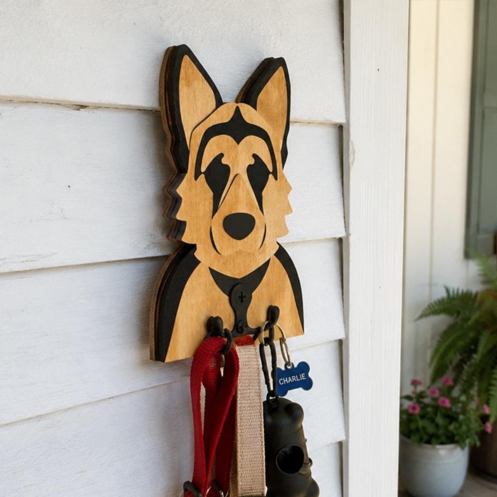 German Shepherd wooden dog wall hook key and leash holder for home entryway organizer