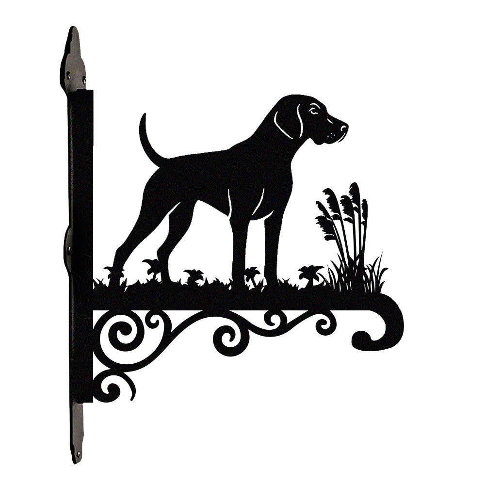 German shorthaired pointer metal hanging basket bracket mounted on outdoor wall for plant decoration
