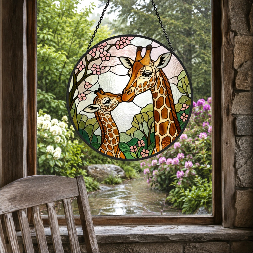 Giraffe mother and calf stained glass suncatcher window hanging, suitable for home and garden decoration