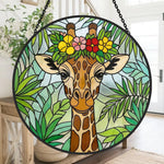 Giraffe with tropical flower crown stained glass suncatcher window hanging, suitable for home and garden decoration