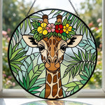 Giraffe with tropical flower crown stained glass suncatcher window hanging, suitable for home and garden decoration