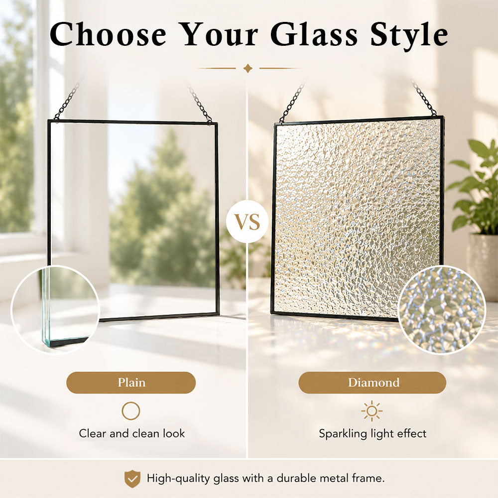 Diamond textured glass and clear plain glass comparison for window hanging