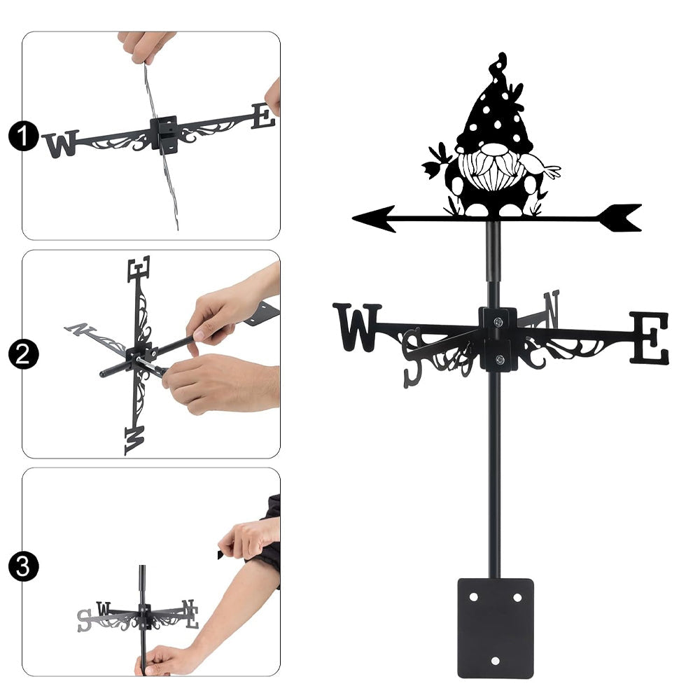 Gnome with bird metal weather vane with directional arrows and mounting rod, outdoor roof and garden decoration