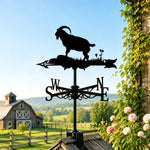 Goat on rock metal weather vane with directional arrows and mounting rod, outdoor roof and garden decoration