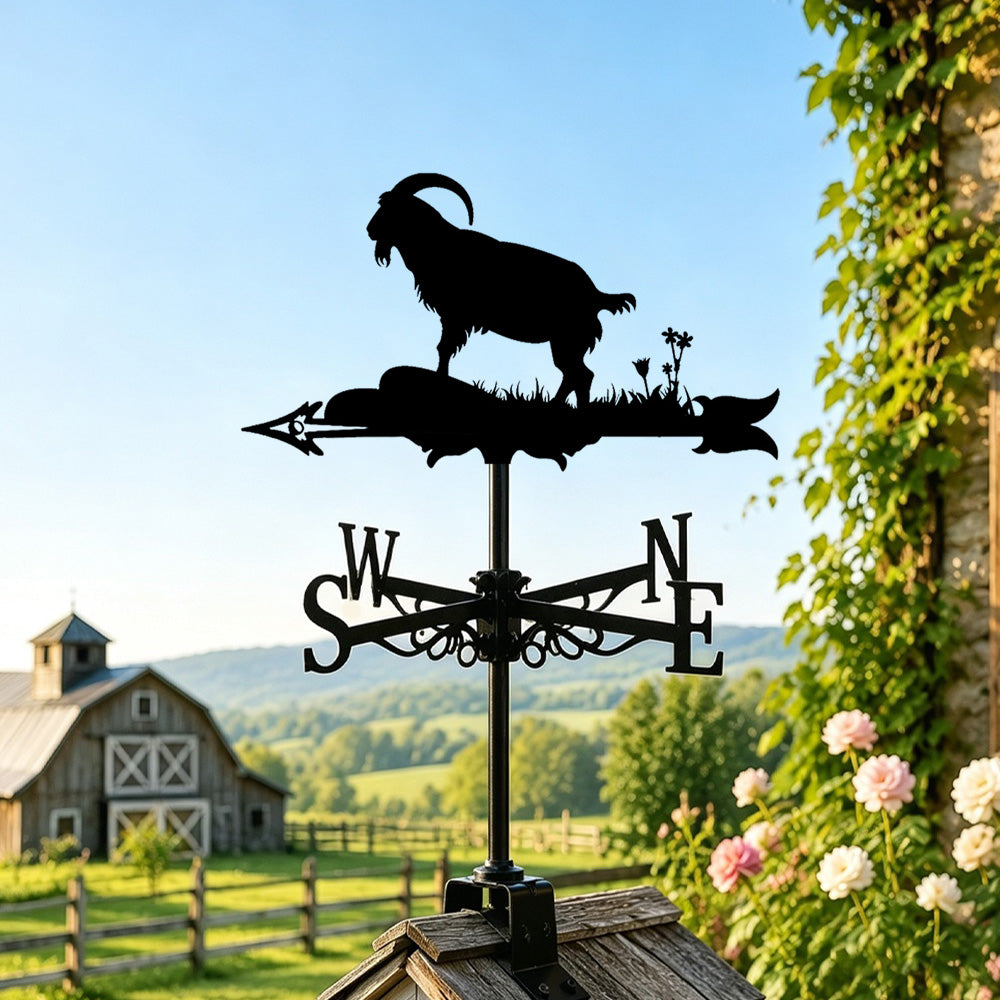 Goat on rock metal weather vane with directional arrows and mounting rod, outdoor roof and garden decoration