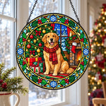 Golden retriever christmas stained glass suncatcher window hanging, suitable for home and garden decoration