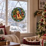Golden retriever christmas stained glass suncatcher window hanging, suitable for home and garden decoration