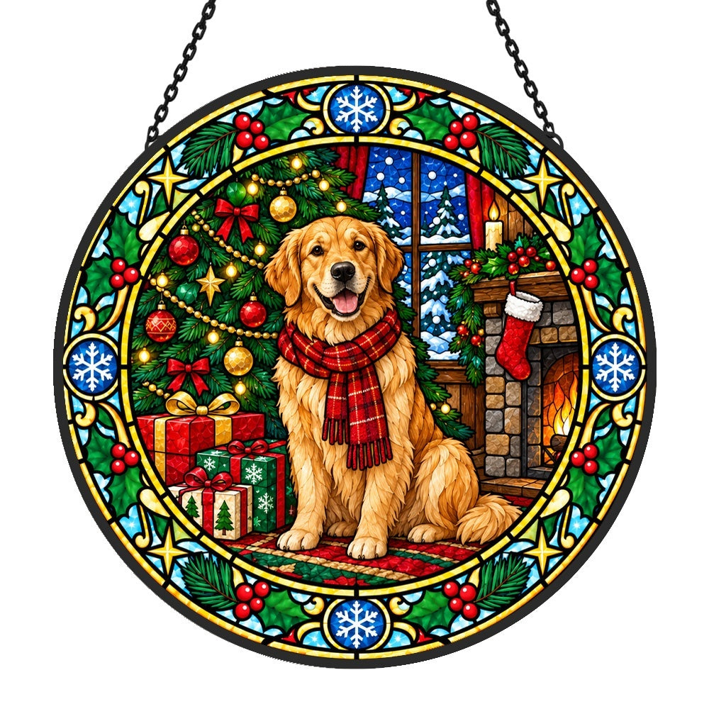 Golden retriever christmas stained glass suncatcher window hanging, suitable for home and garden decoration