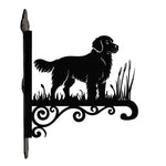 Golden retriever metal hanging basket bracket mounted on outdoor wall for plant decoration