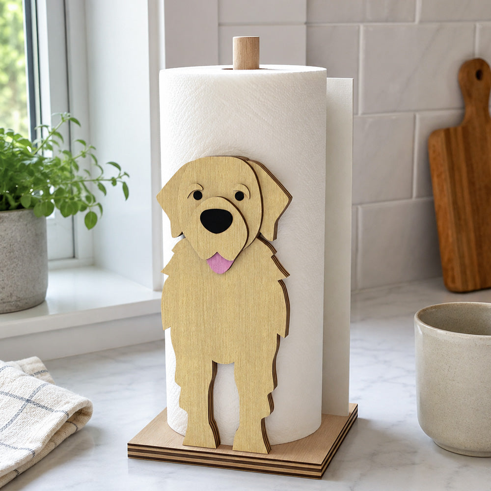 Golden Retriever Wooden Dog Paper Towel Holder displayed on a kitchen countertop with a freestanding paper towel roll