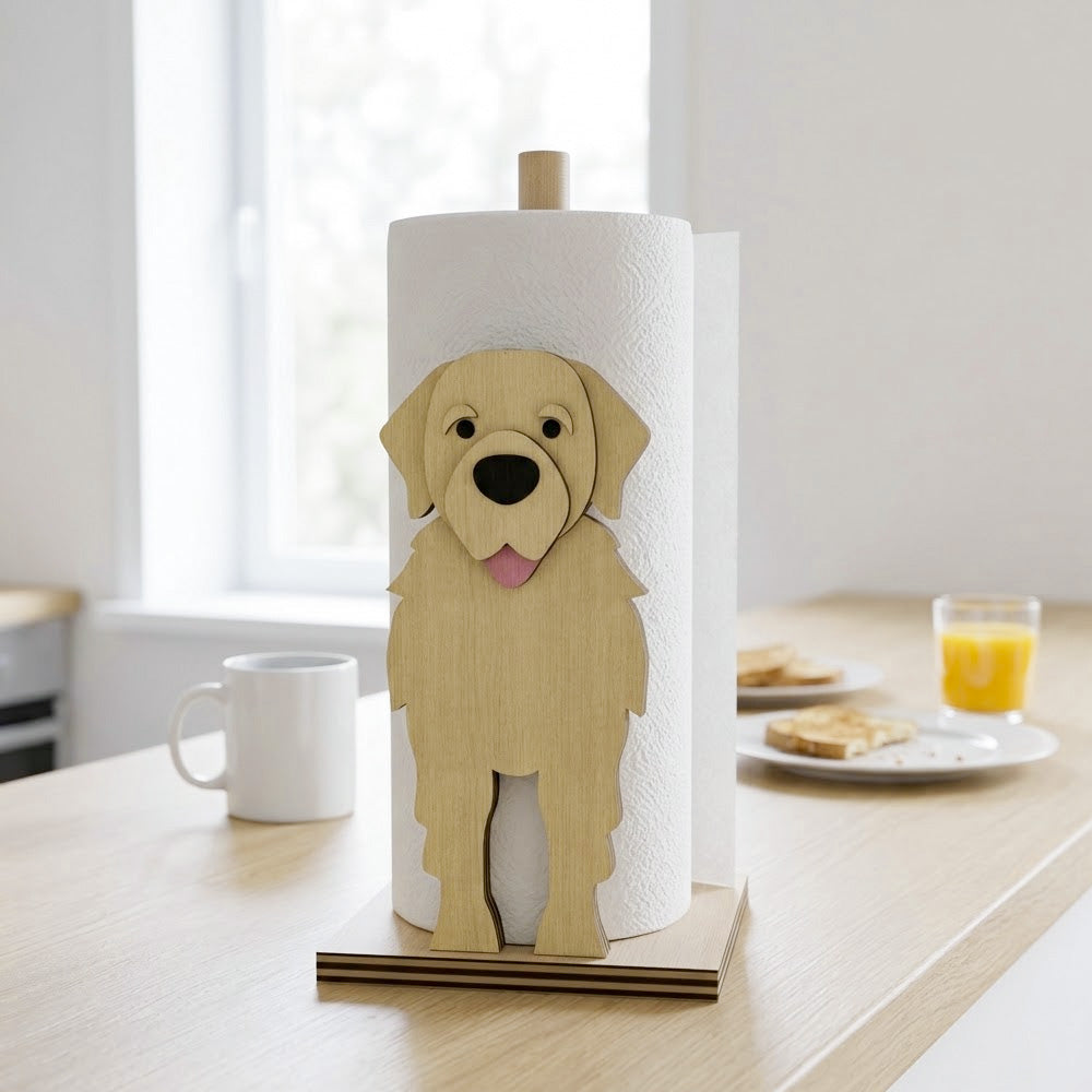 Golden Retriever Wooden Dog Paper Towel Holder displayed on a kitchen countertop with a freestanding paper towel roll