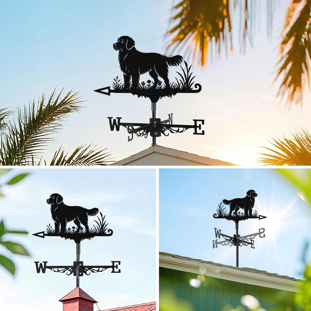 Golden Retriever metal weather vane with directional arrows and mounting rod, outdoor roof and garden decoration