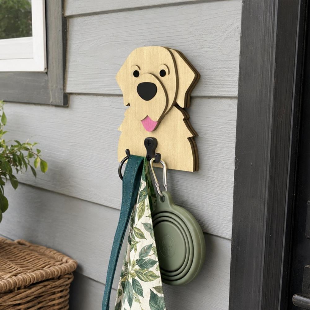 Wooden golden retriever dog wall hook key and leash holder for home entryway organizer