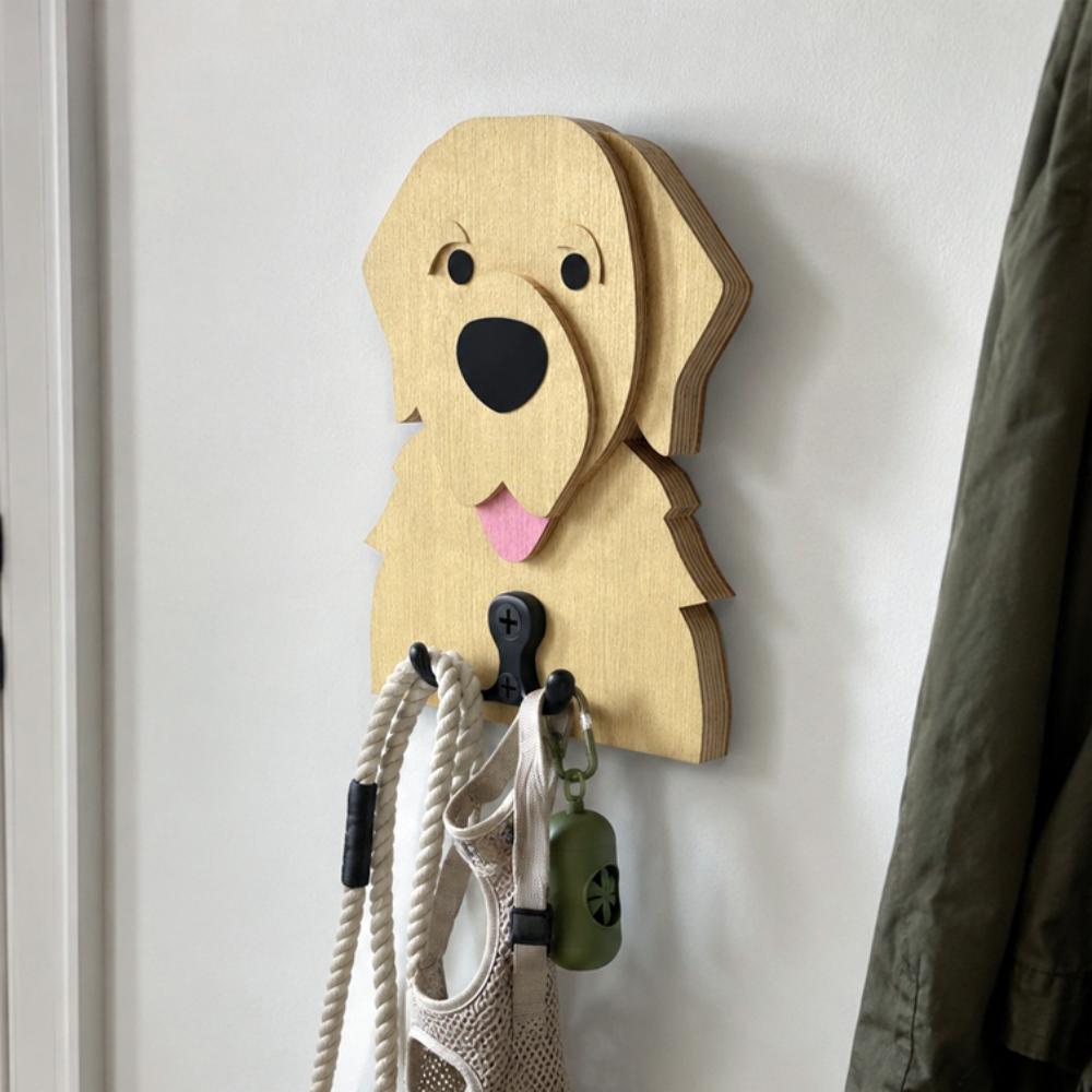 Wooden golden retriever dog wall hook key and leash holder for home entryway organizer