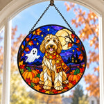 Goldendoodle Halloween stained glass suncatcher window hanging, suitable for home and garden decoration