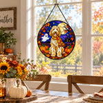 Goldendoodle Halloween stained glass suncatcher window hanging, suitable for home and garden decoration