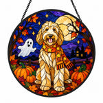 Goldendoodle Halloween stained glass suncatcher window hanging, suitable for home and garden decoration