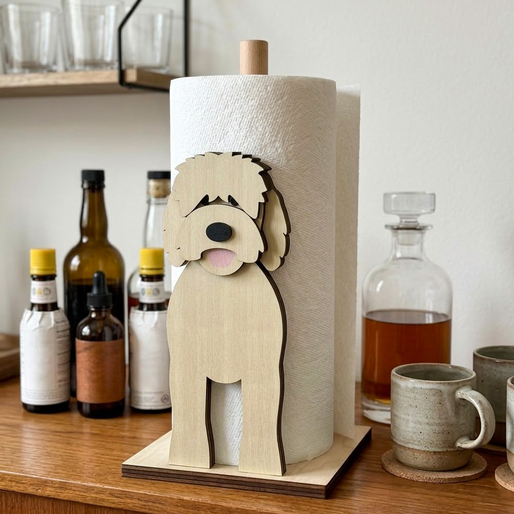 Goldendoodle Wooden Dog Paper Towel Holder displayed on a kitchen countertop with a freestanding paper towel roll