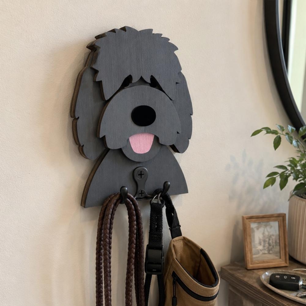 Wooden goldendoodle dog wall hook key and leash holder for home entryway organizer