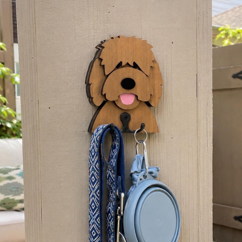 Wooden goldendoodle dog wall hook key and leash holder for home entryway organizer