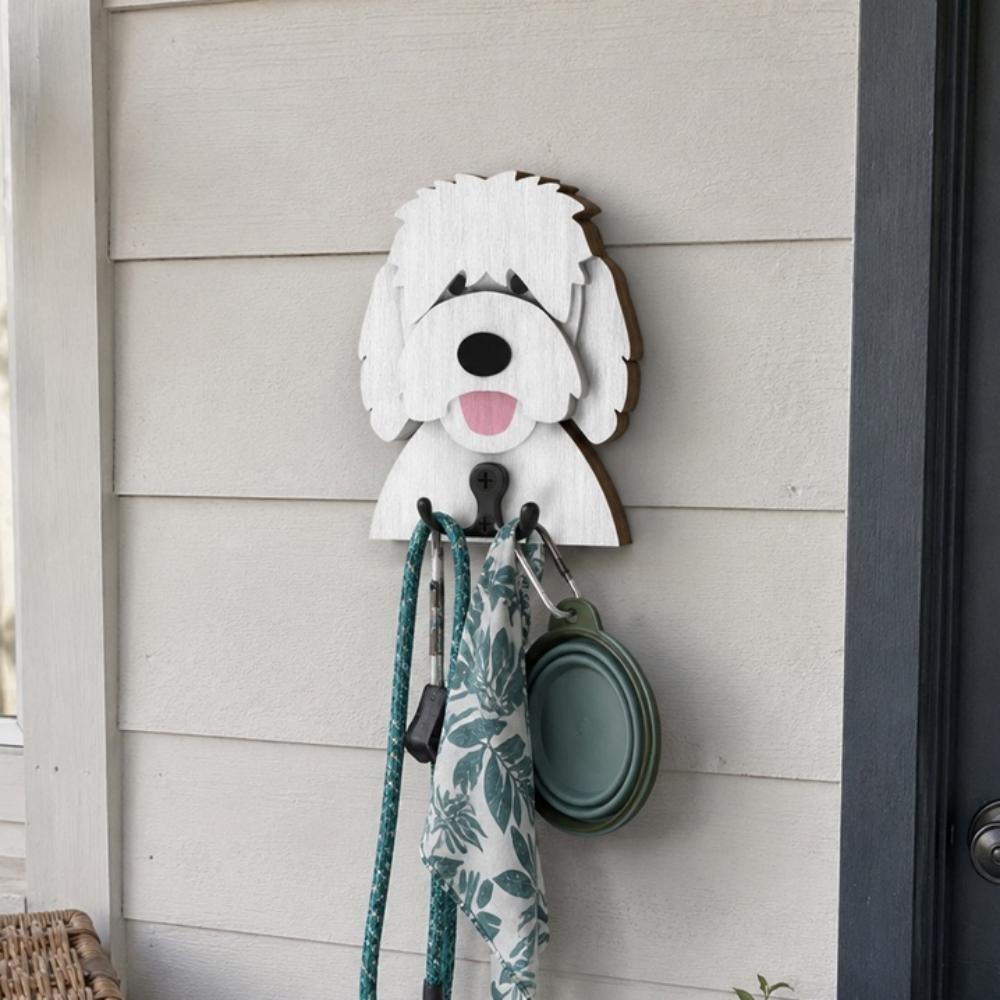 Wooden goldendoodle dog wall hook key and leash holder for home entryway organizer