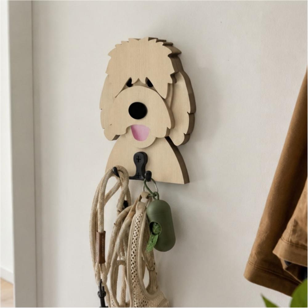 Wooden goldendoodle dog wall hook key and leash holder for home entryway organizer