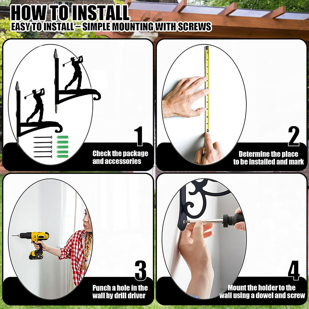 Golf player swinging metal hanging basket bracket mounted on outdoor wall for plant decoration