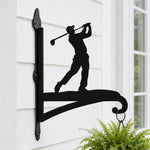 Golf player swinging metal hanging basket bracket mounted on outdoor wall for plant decoration