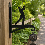 Golf player swinging metal hanging basket bracket mounted on outdoor wall for plant decoration
