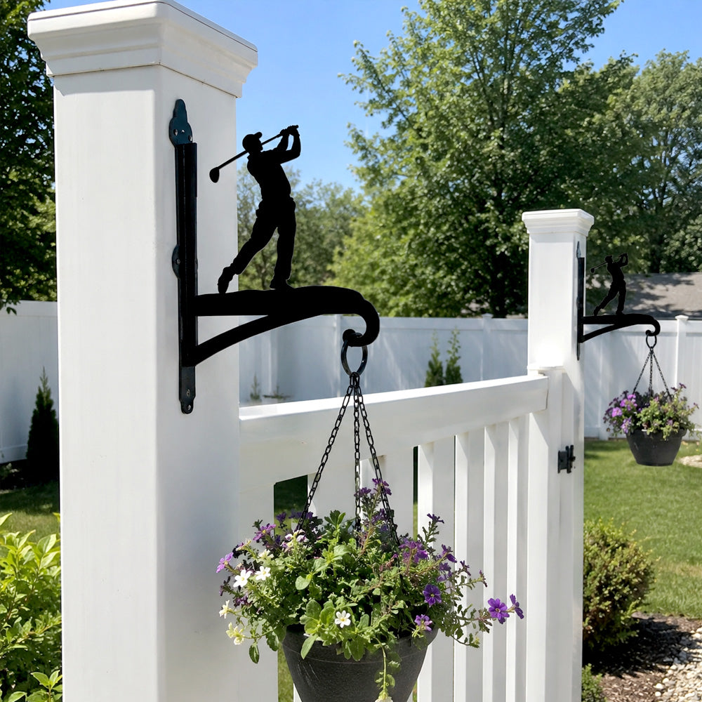 Golf player swinging metal hanging basket bracket mounted on outdoor wall for plant decoration