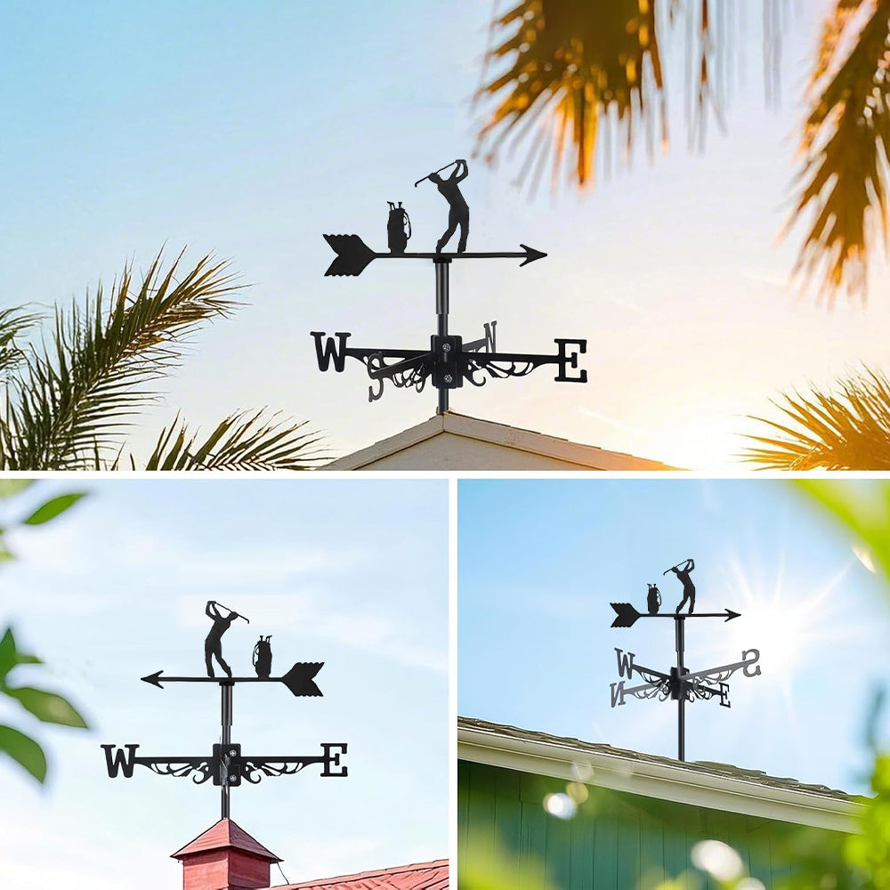 Golfer swing metal weather vane with directional arrows and mounting rod, outdoor roof and garden decoration