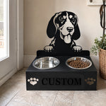 Personalized gordon setter dog metal dog bowl stand with custom name cutout and two removable feeding bowls