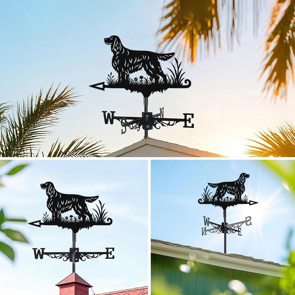 Gordon Setter metal weather vane with directional arrows and mounting rod, outdoor roof and garden decoration